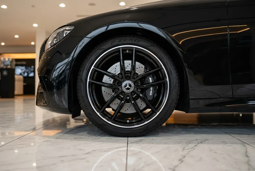 Schwarze AMG-Felge mit Mercedes-Stern auf weißem Marmorboden