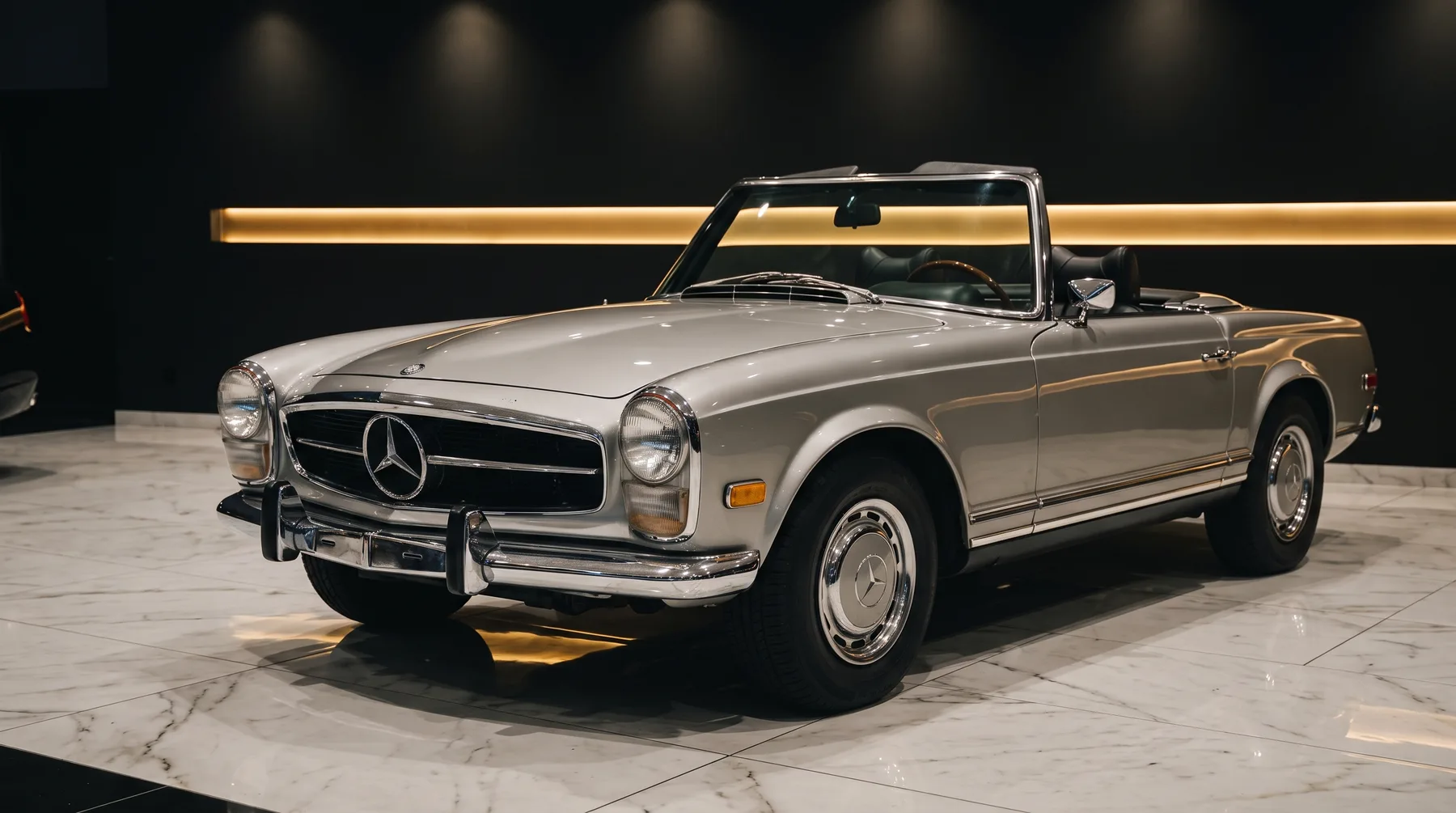 Silberner Mercedes-Benz 280 SL Pagode im Showroom vor goldener Lichtlinie