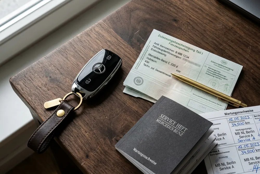 Mercedes-Schlüssel, Fahrzeugschein und Serviceheft auf einem Holztisch